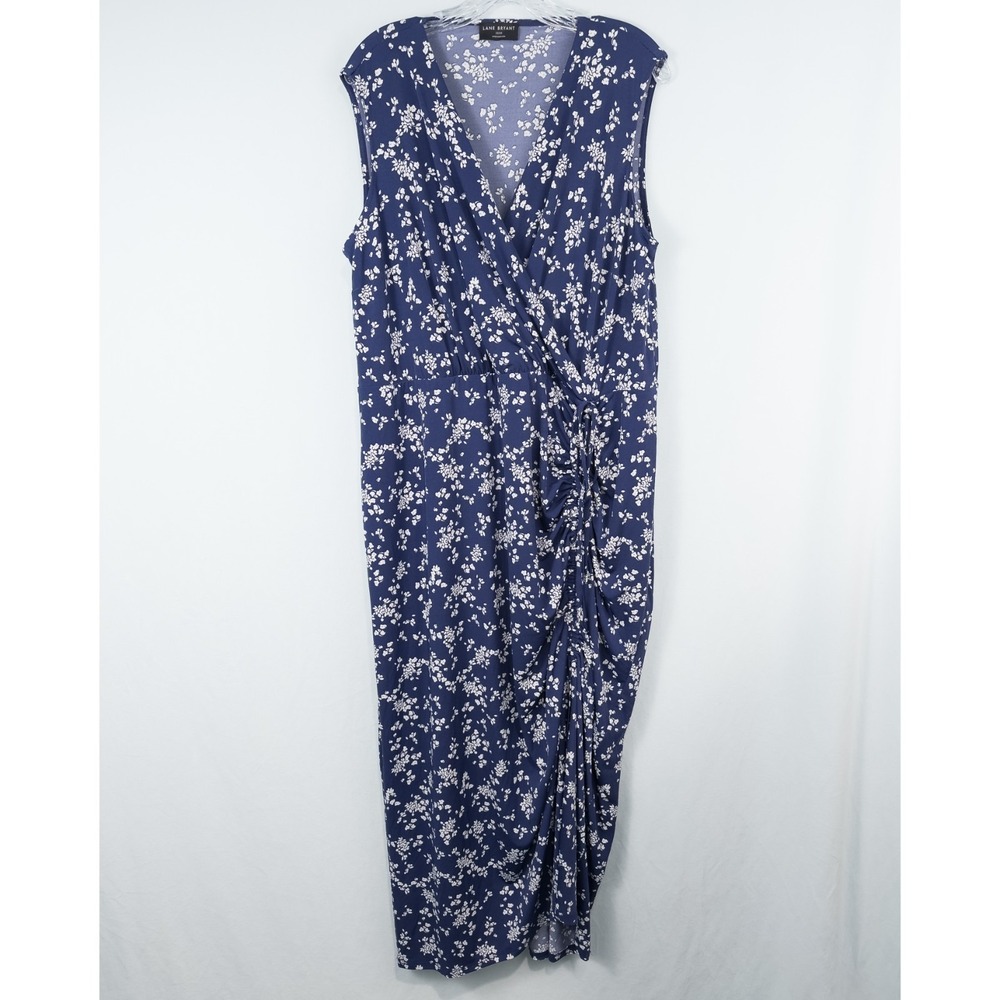 Lane Bryant Surplice Neck Ruched Maxi Dress Blue Floral 22/24 Sleeveless Stretch